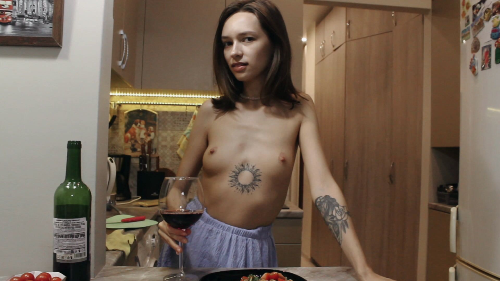 Cooking and eating pasta topless for you in my kitchen