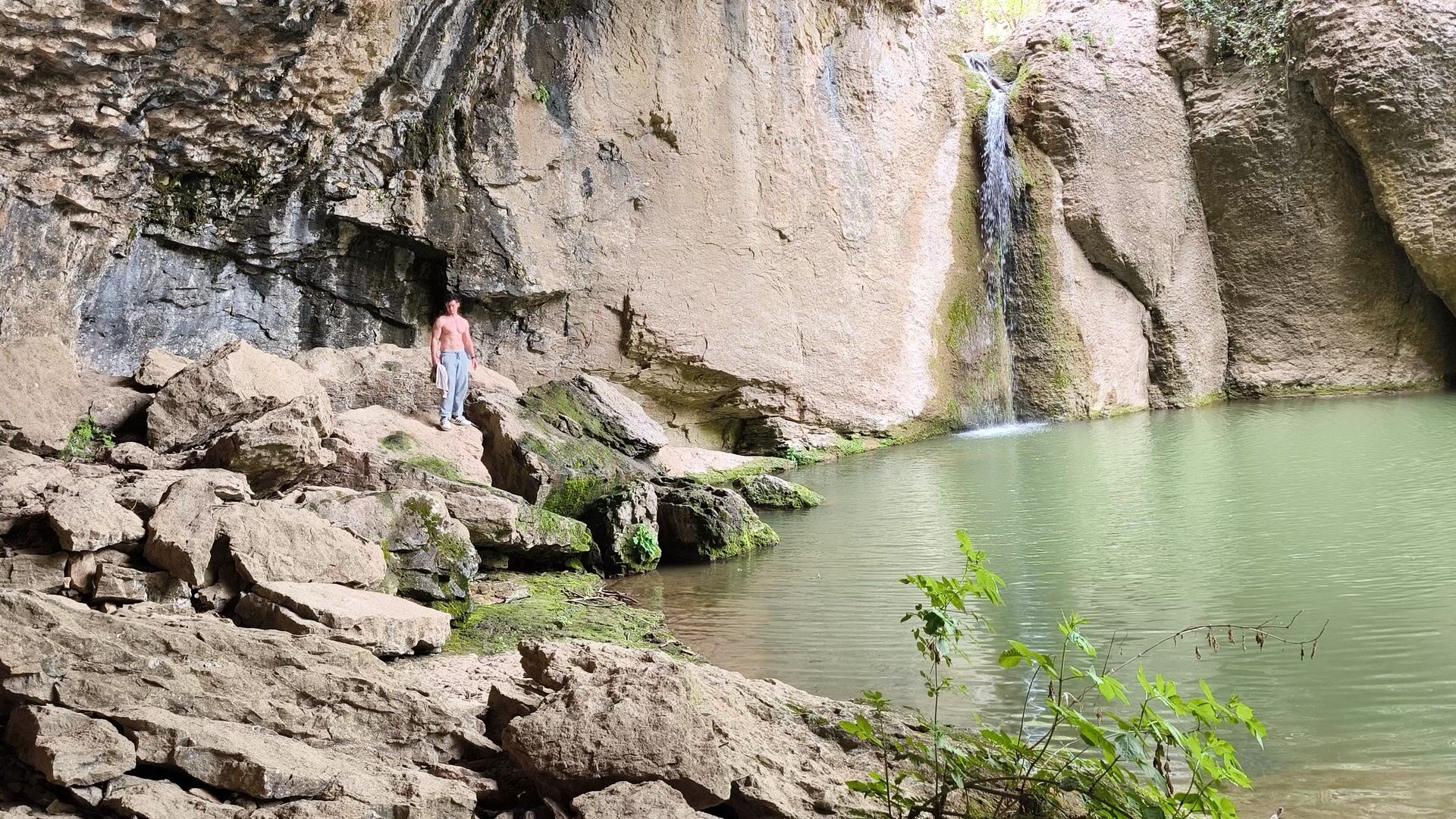 Fooling around at a cave and a waterfall.