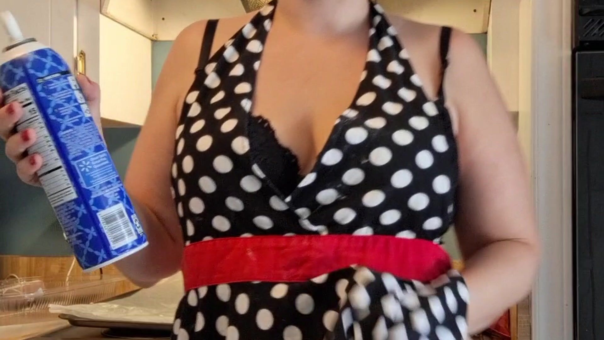 Naughty in a apron with just a thong and bra part one