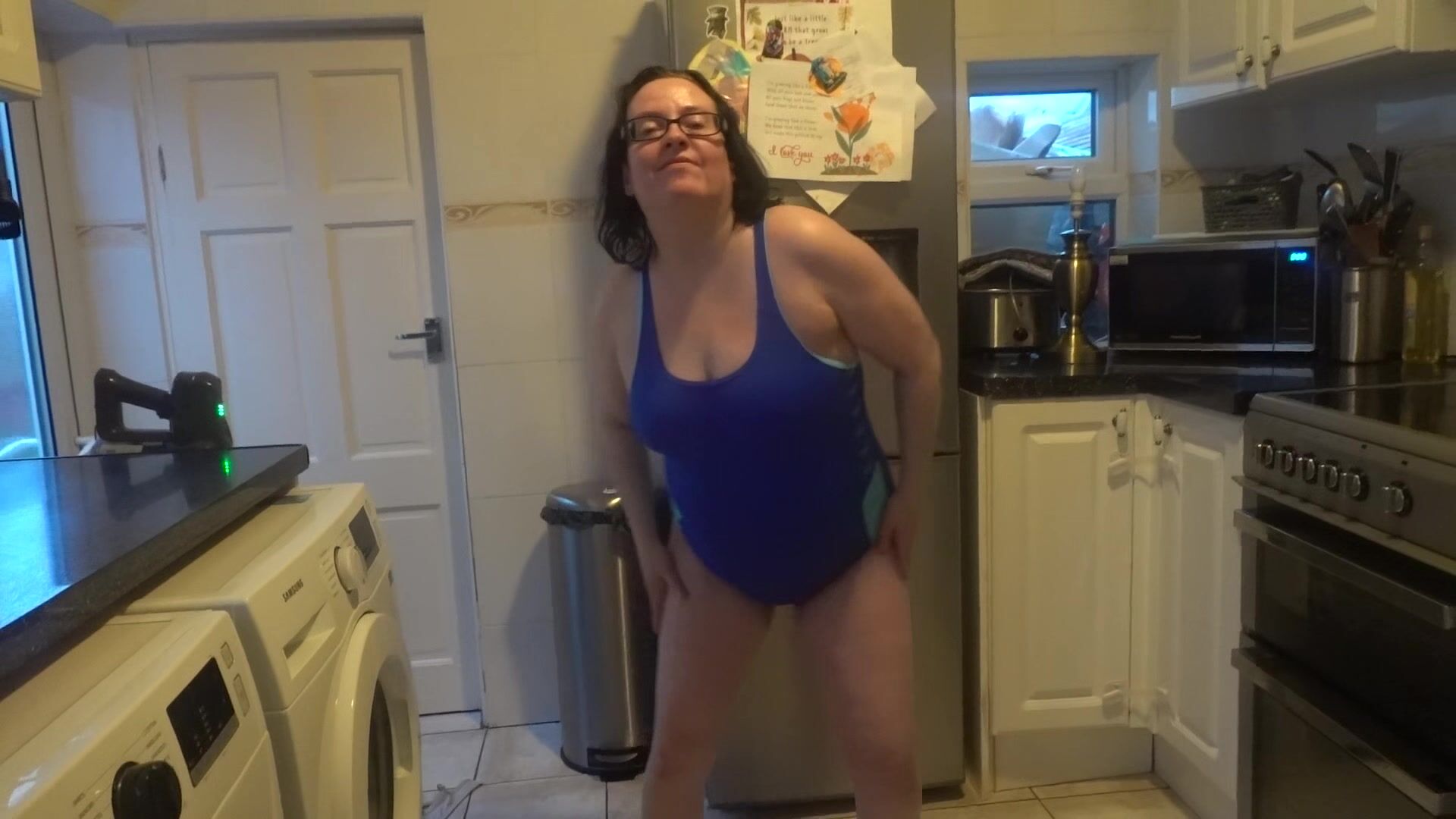 Wife with Big Breasts Dancing in Tight Blue Swimsuit