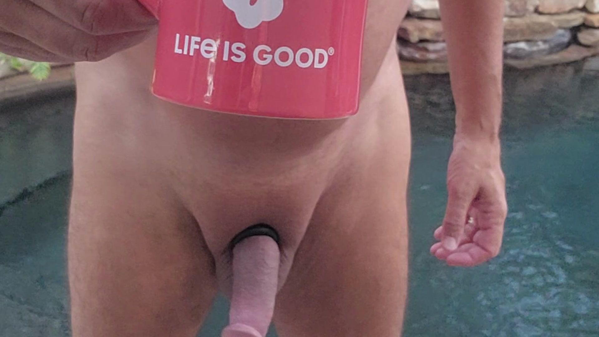 Naked Morning coffee by the pool  with chubby cock!