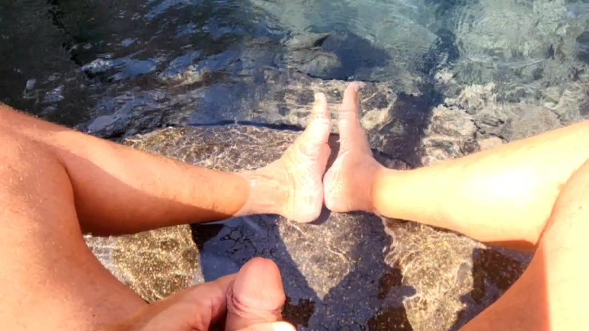 Cock hard with feet in pool!