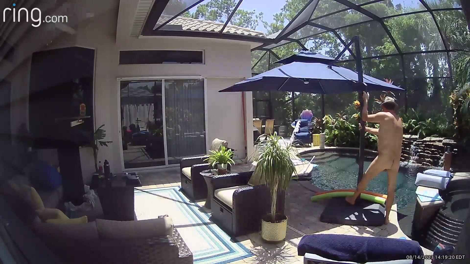 Voyeur view Security camera captures me nude in my pool area!  Full body front, rear and face!