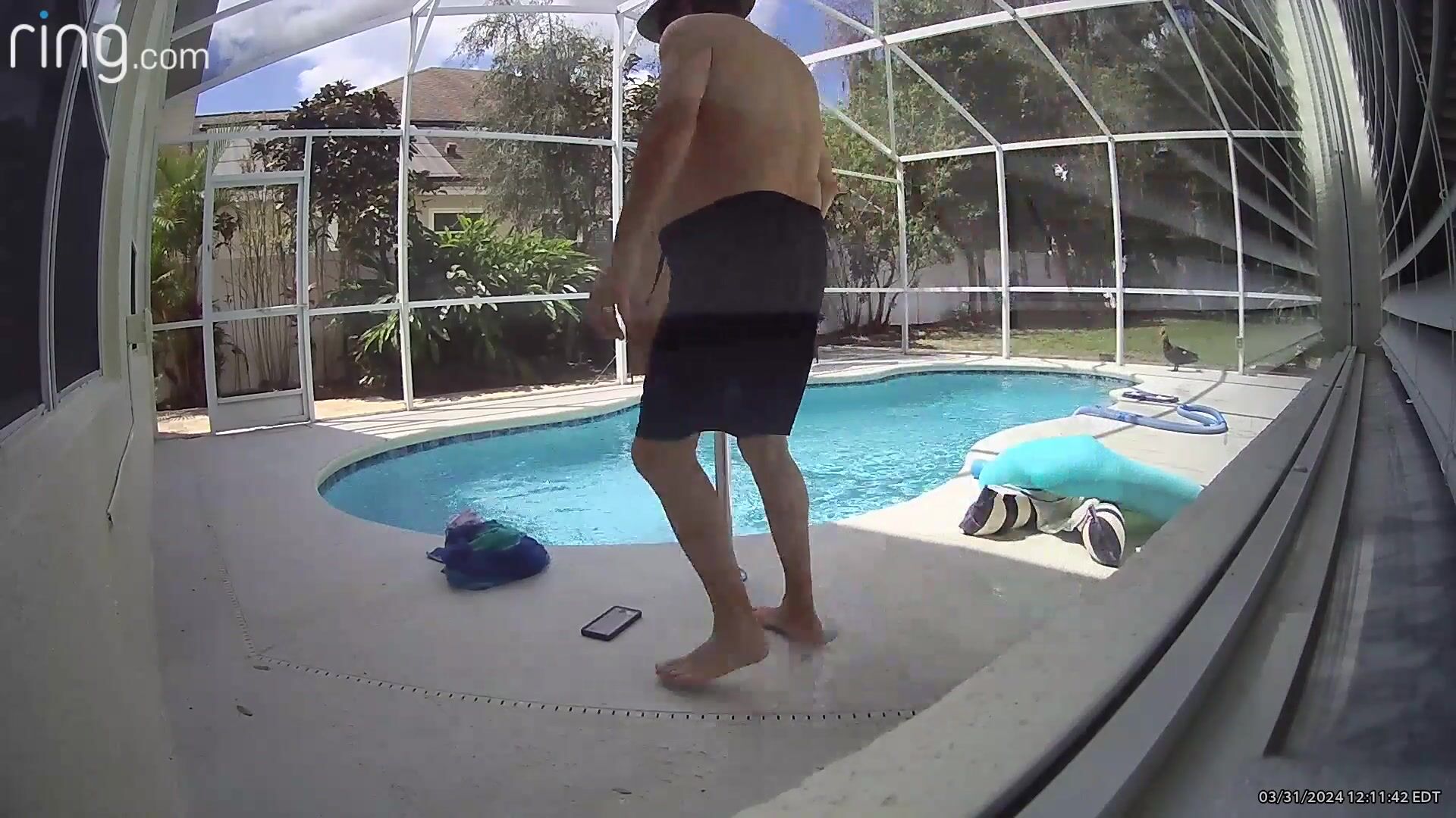 Duck flew through the screen while I was swimming naked!  You see my face in this Security cam video