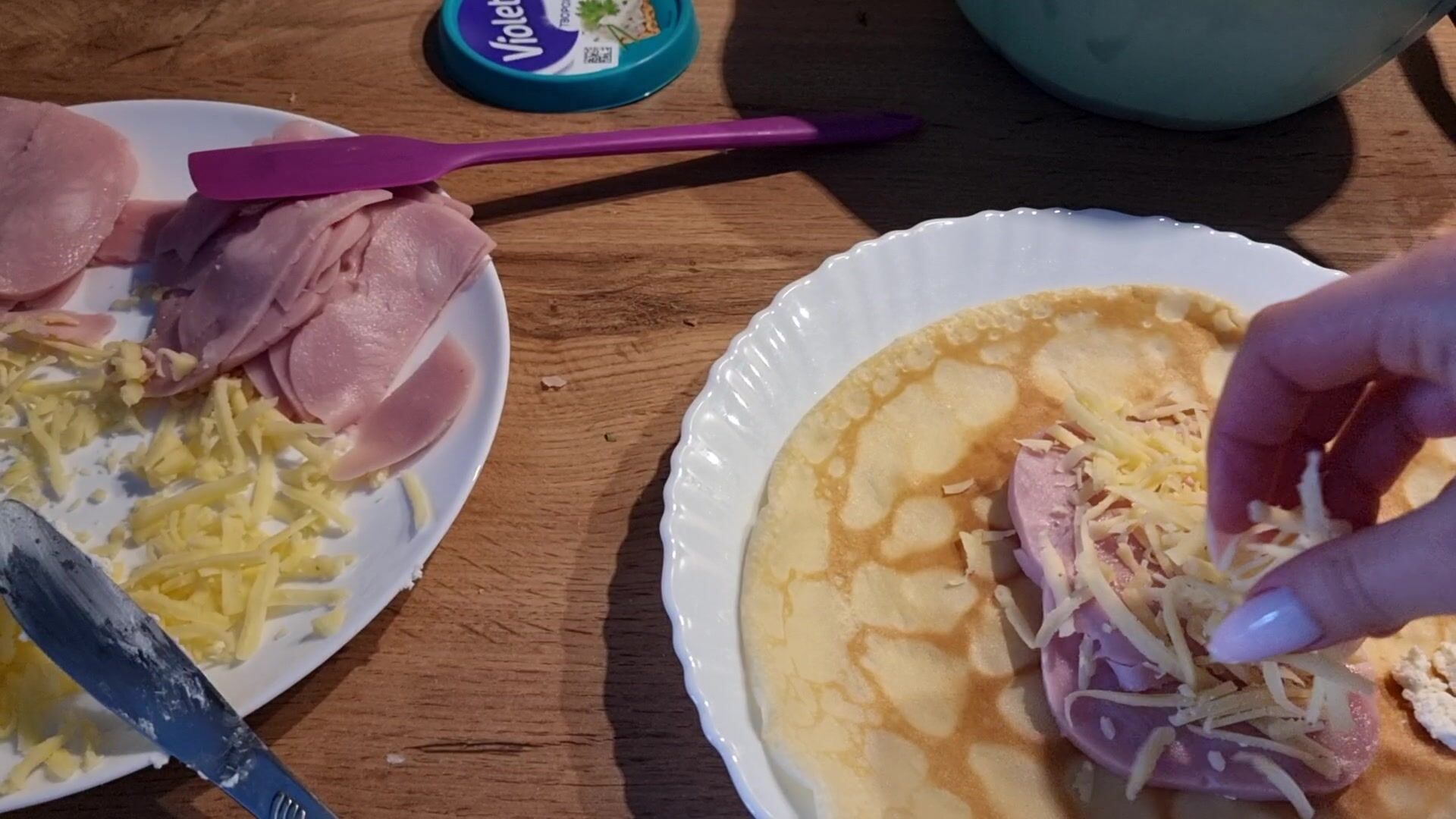 Happy Maslenitsa. Pancakes with ham and cheese