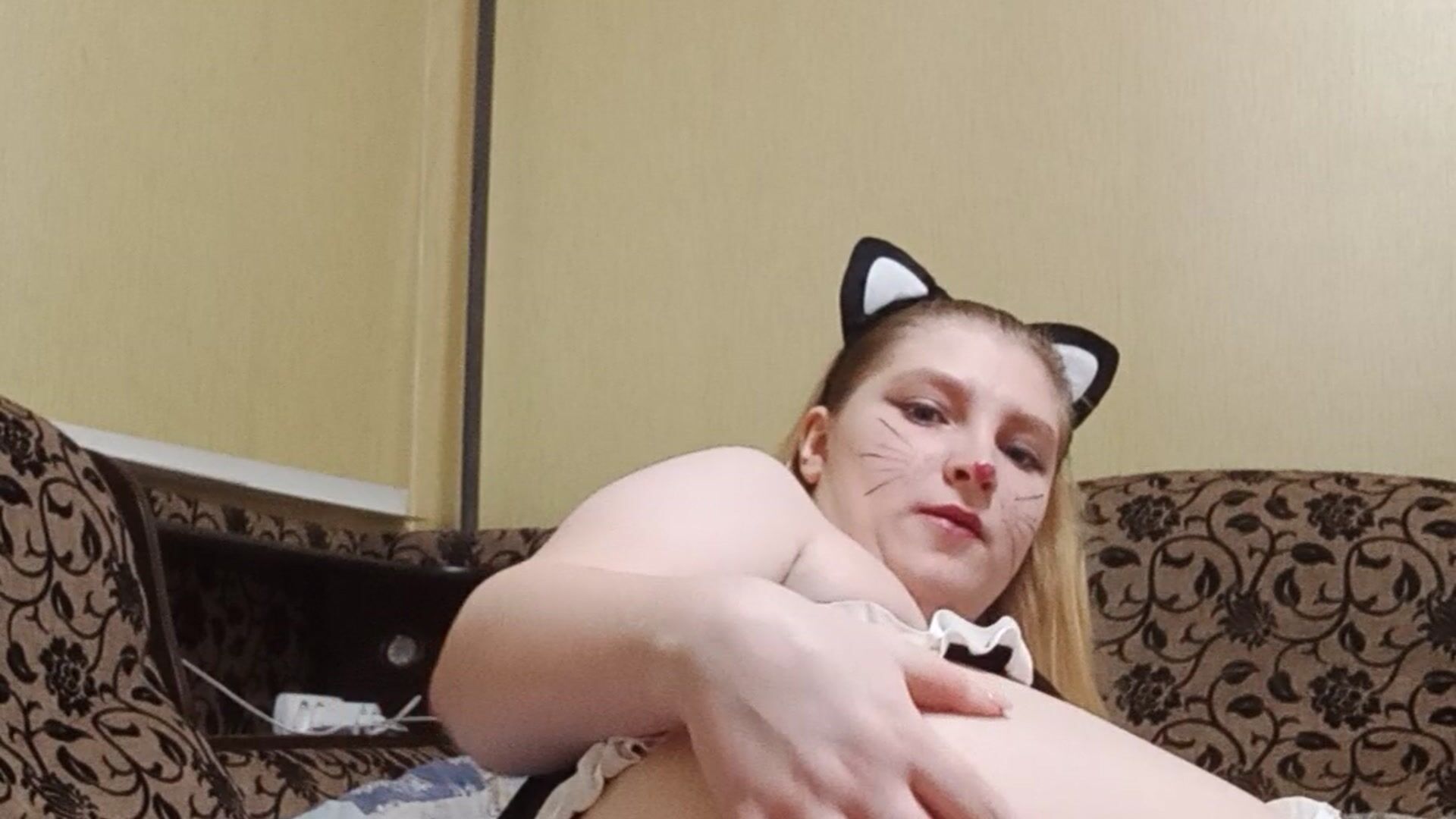 Playing with the ass with all the toys in a cat suit