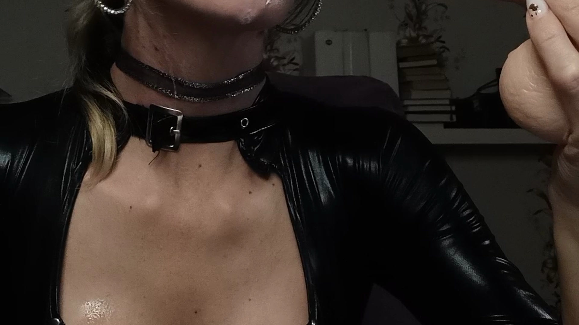 Leather suit and a lot of saliva on my Big boobs. HOT video!