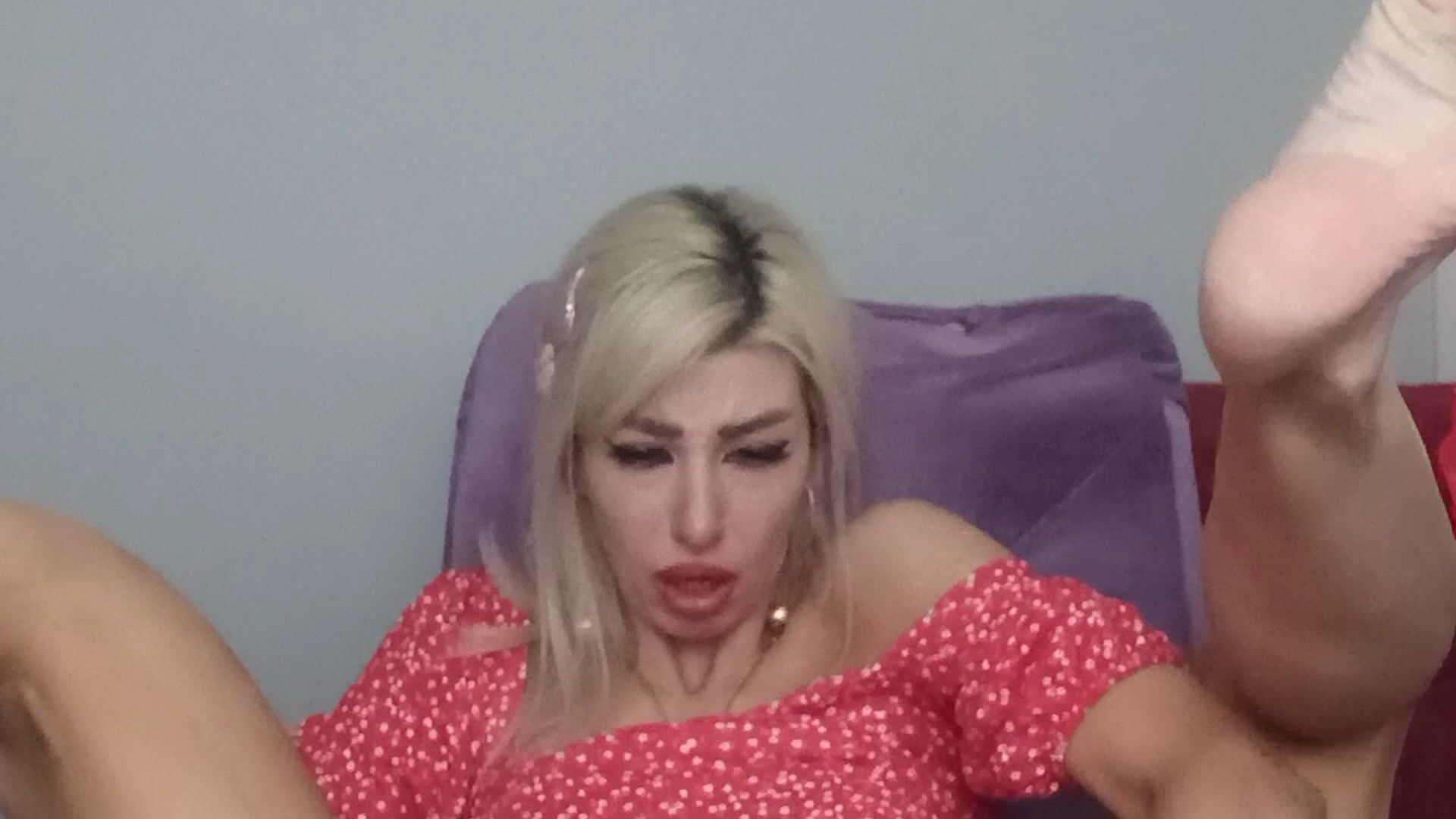 My bf fucked me but I'm still wet and hot what's why I must relax and play with my toy in red dress