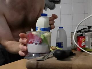 Naked chef ~ Strawberry, banana, avocado, milk and honey smoothie (in underwear)