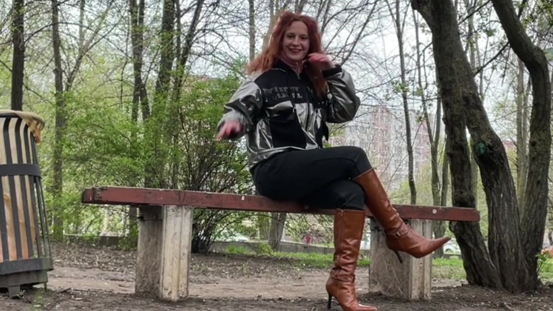 5018-walking in leggins & boots outside in the forest