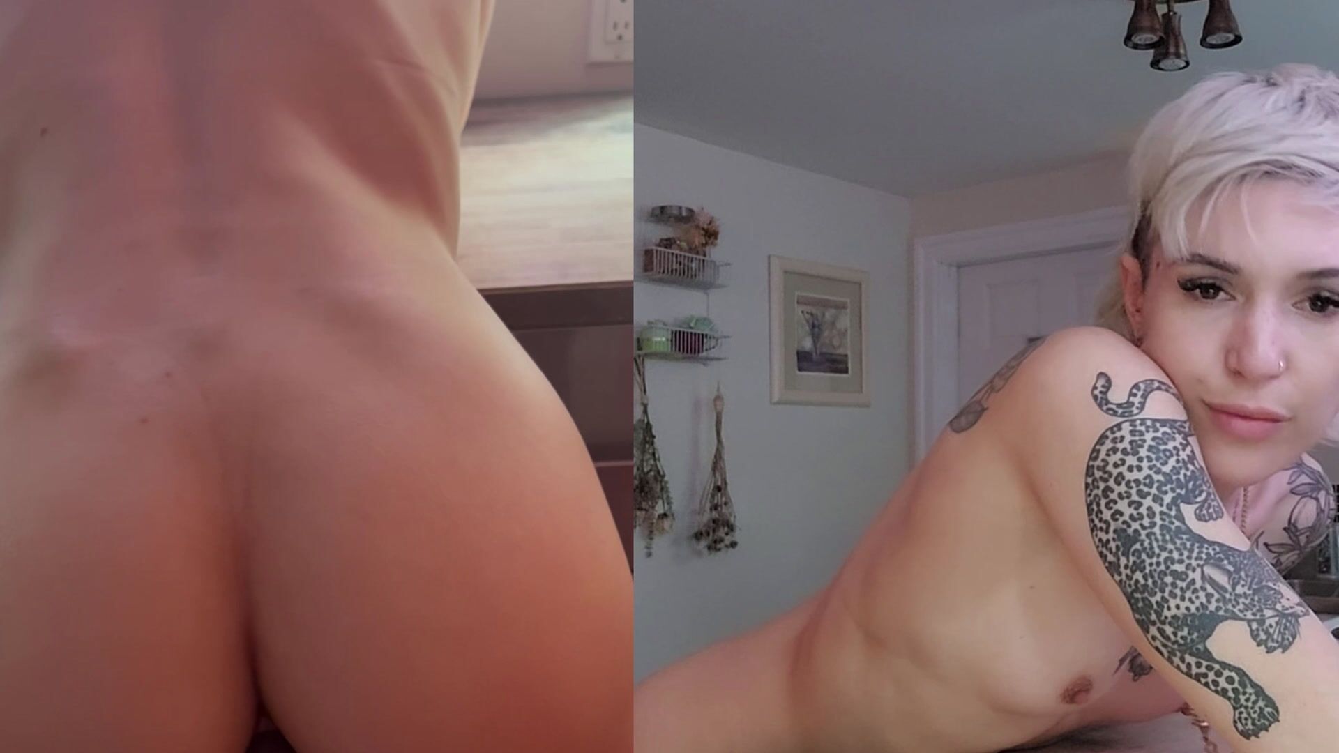 Bent over the counter getting my ass fucked by the machine till I cum. Split screen front/back view