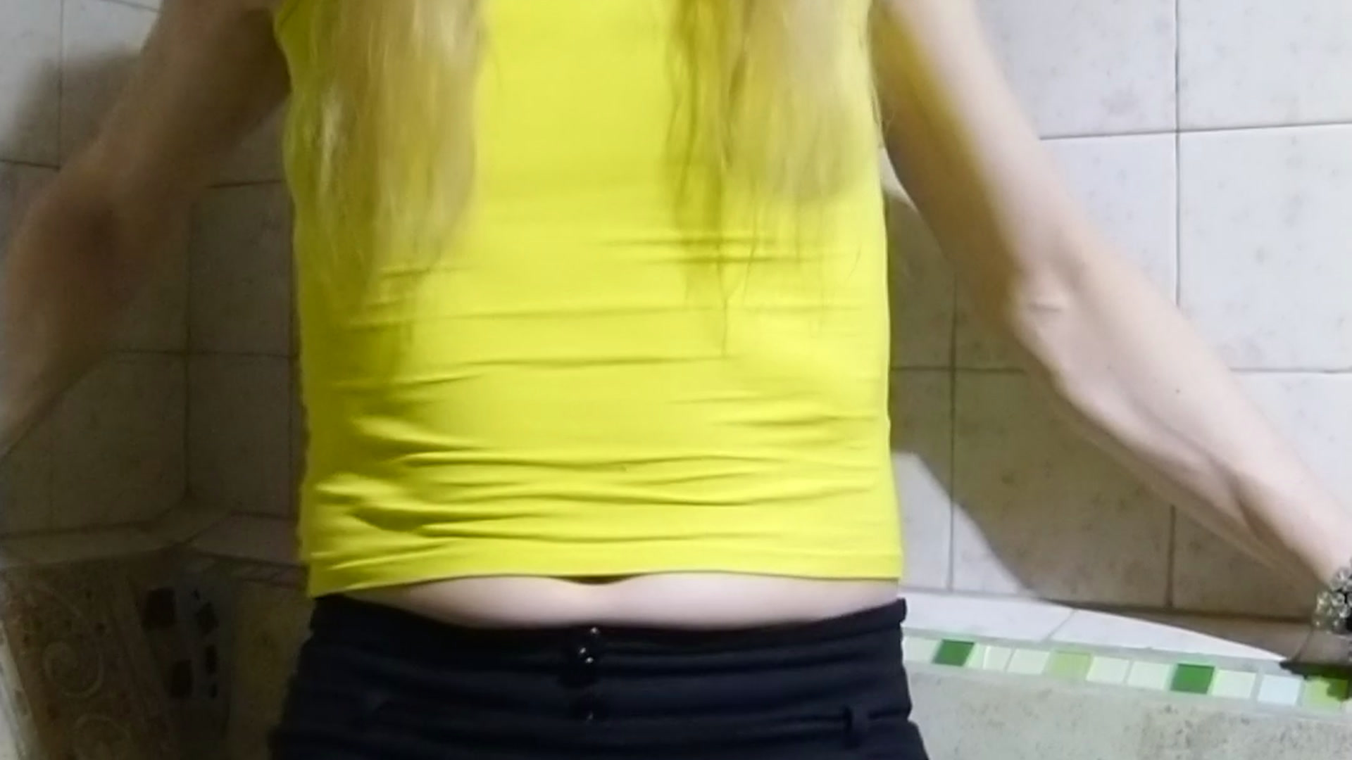 Wetlook 11. Refresh myself in bathroom in black pantyhose, black skirt and yellow top tank...