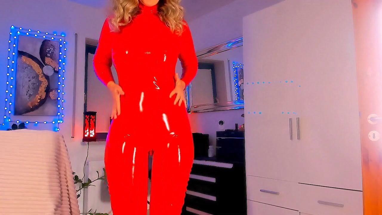 hot red latex catsuit tease